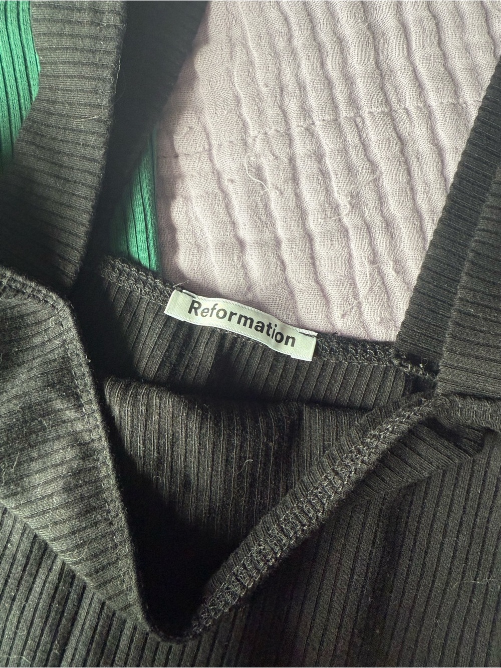 Reformation Ribbed Square-Neck Tank Bundle in Green, Black, Cream - Picture 2 of 8